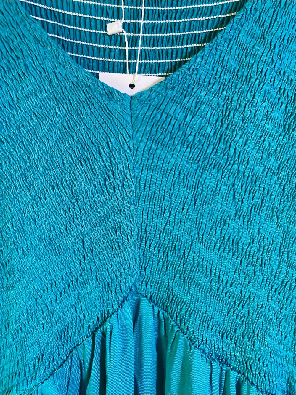 Turquoise Ruched Bodice with Ruffle Hem Midi Dress Size L - Picture 5 of 10